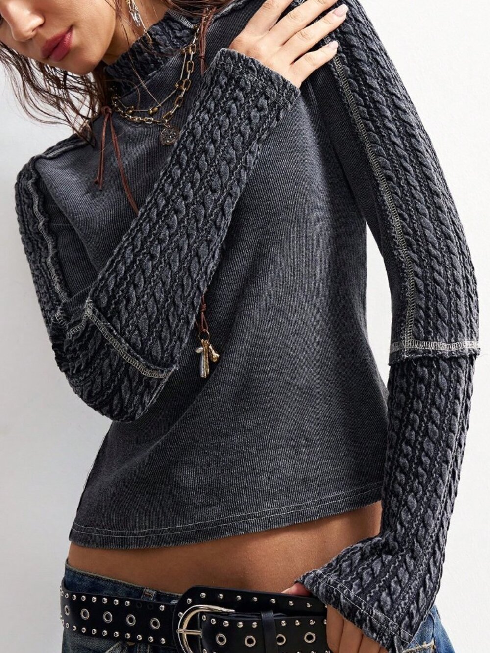 Black Casual Women's Cable-knit Stand Collar Raglan Long Sleeve T-Shirt - Picture 8 of 10